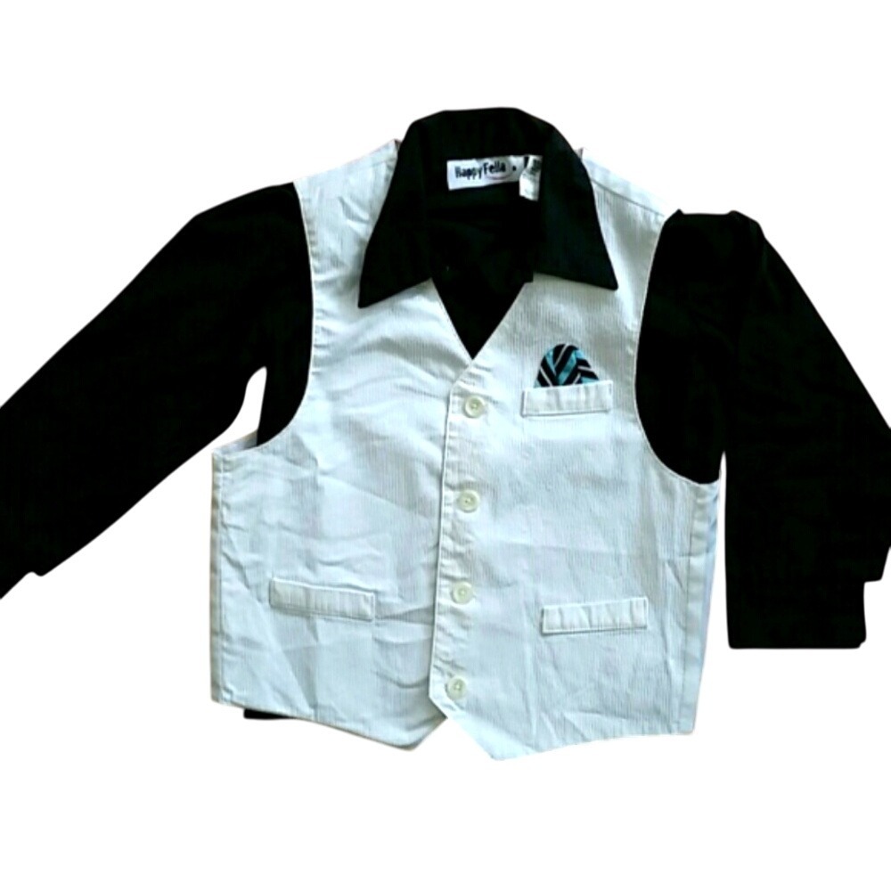 Happy Fella Boys Formal Black Buttondown Shirt with White Ribbed Vest Size 5‎